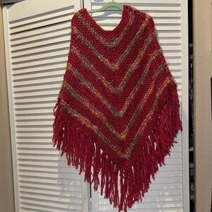 Pink Knit Fringe Poncho with Metallic Accents
